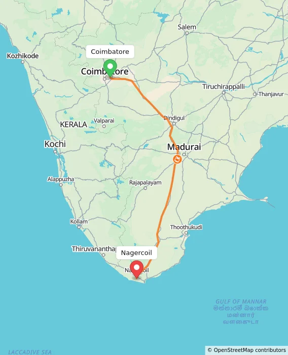 Route map showing distance and travel time from Coimbatore, India to Nagercoil, India