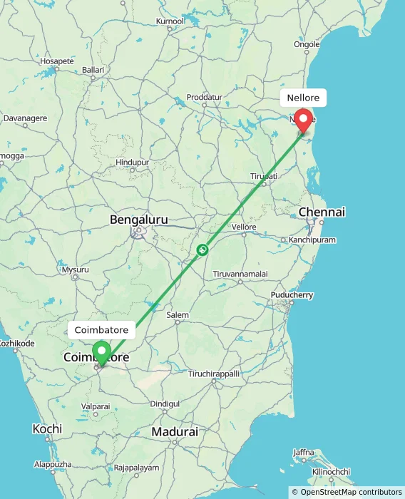 Route map showing distance and travel time from Coimbatore, India to Nellore, India