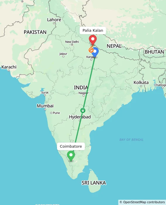 Route map showing distance and travel time from Coimbatore, India to Palia Kalan, India