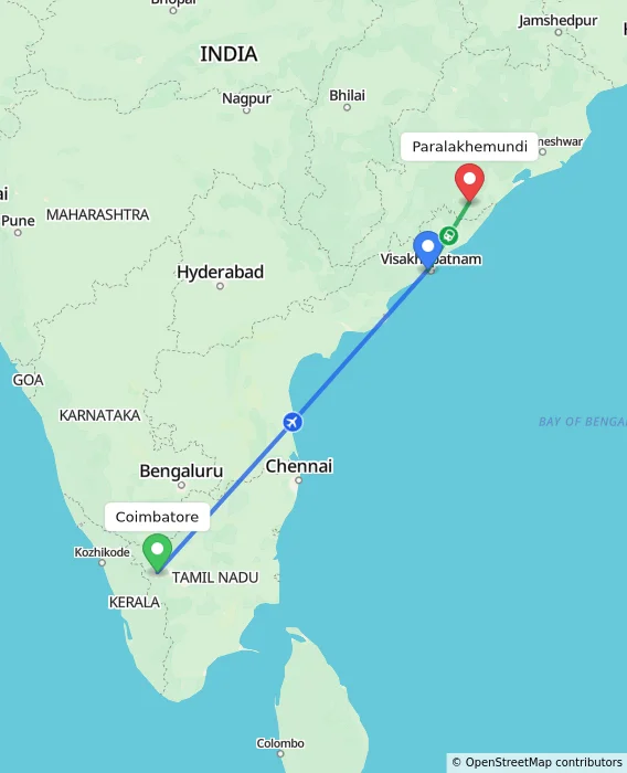 Route map showing distance and travel time from Coimbatore, India to Paralakhemundi, India