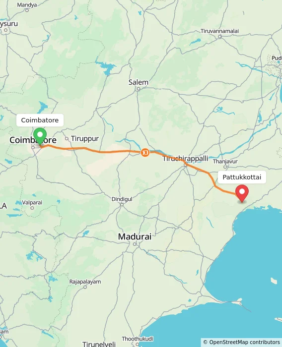 Route map showing distance and travel time from Coimbatore, India to Pattukkottai, India