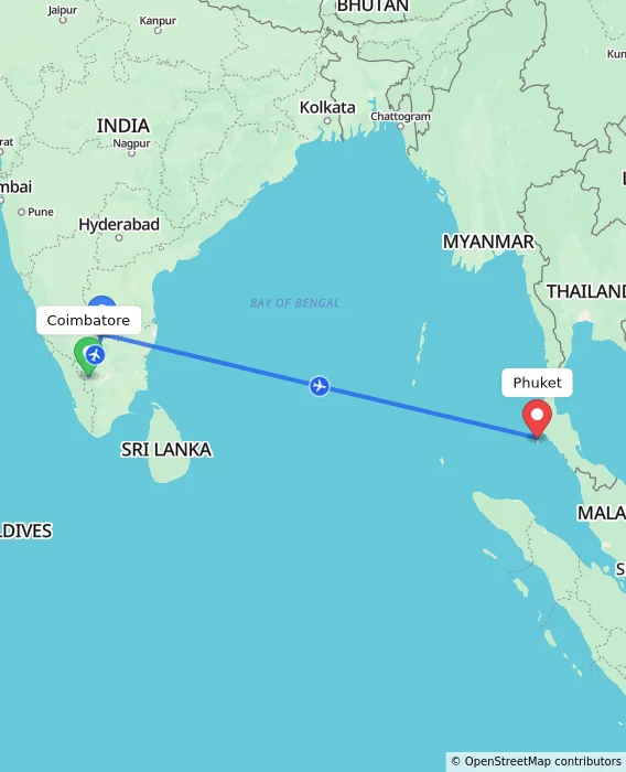 Route map showing distance and travel time from Coimbatore, India to Phuket, Thailand