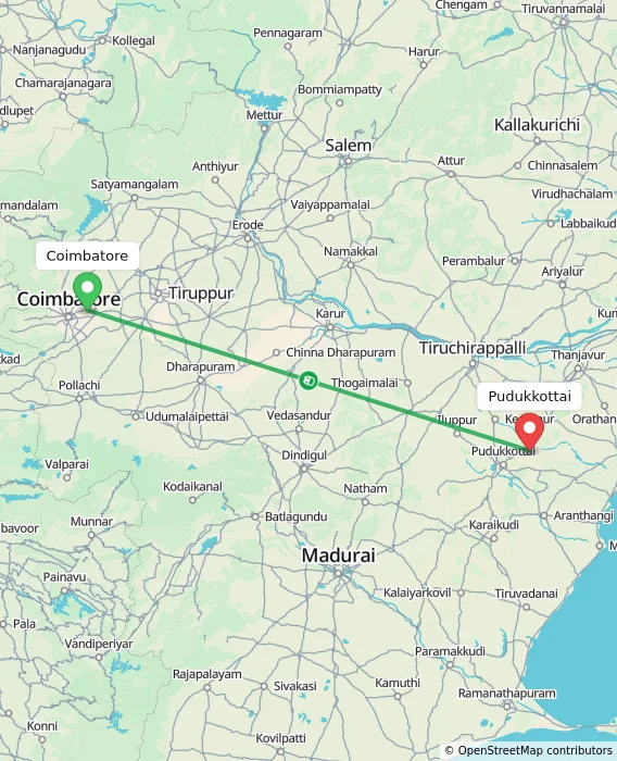 Route map showing distance and travel time from Coimbatore, India to Pudukkottai, India