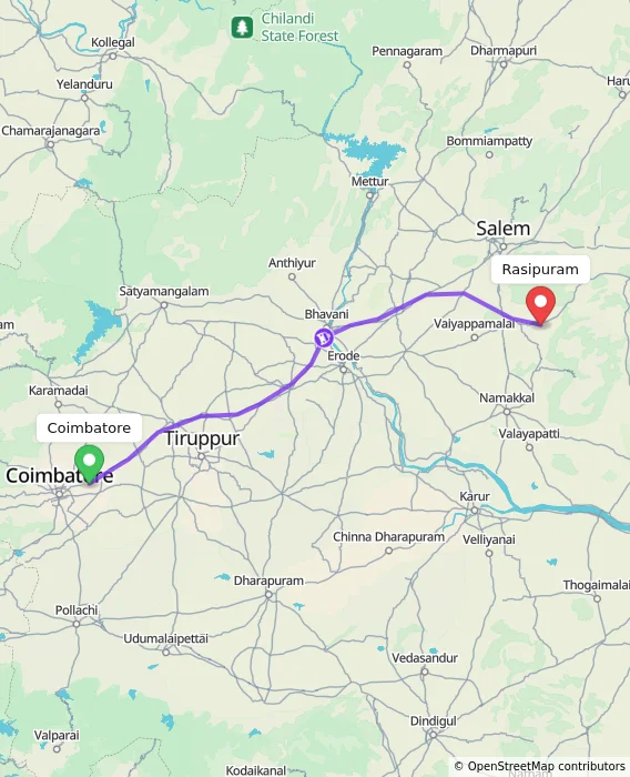 Route map showing distance and travel time from Coimbatore, India to Rasipuram, India