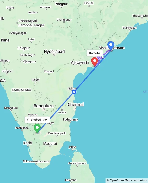 Route map showing distance and travel time from Coimbatore, India to Razole, India
