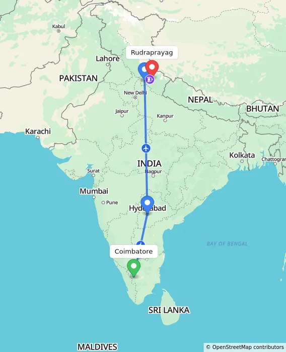 Route map showing distance and travel time from Coimbatore, India to Rudraprayag, India