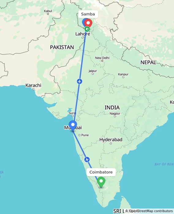 Route map showing distance and travel time from Coimbatore, India to Samba, India
