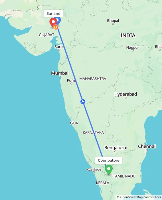 Route map showing distance and travel time from Coimbatore, India to Sanand, India