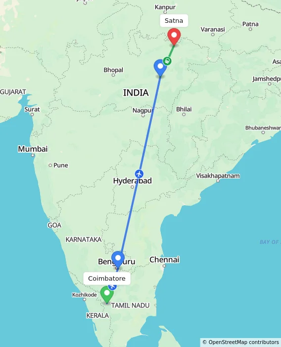 Route map showing distance and travel time from Coimbatore, India to Satna, India