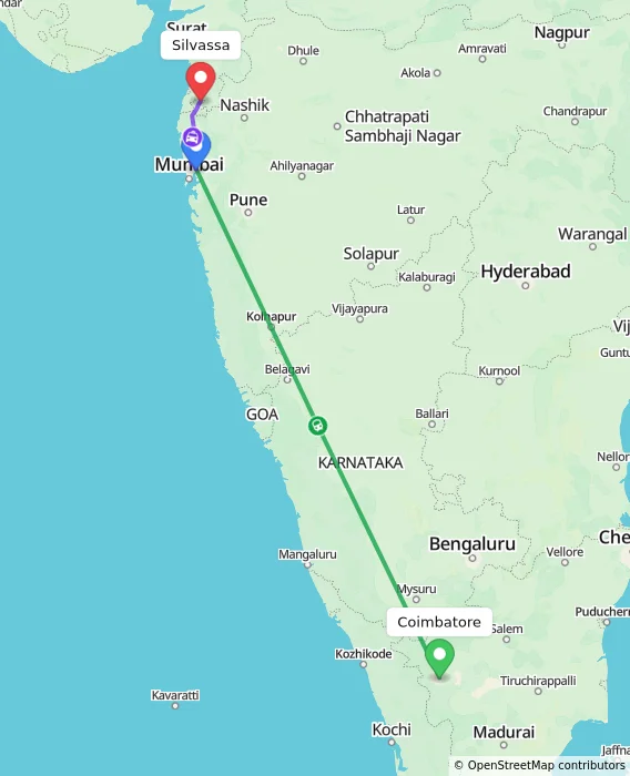 Route map showing distance and travel time from Coimbatore, India to Silvassa, India