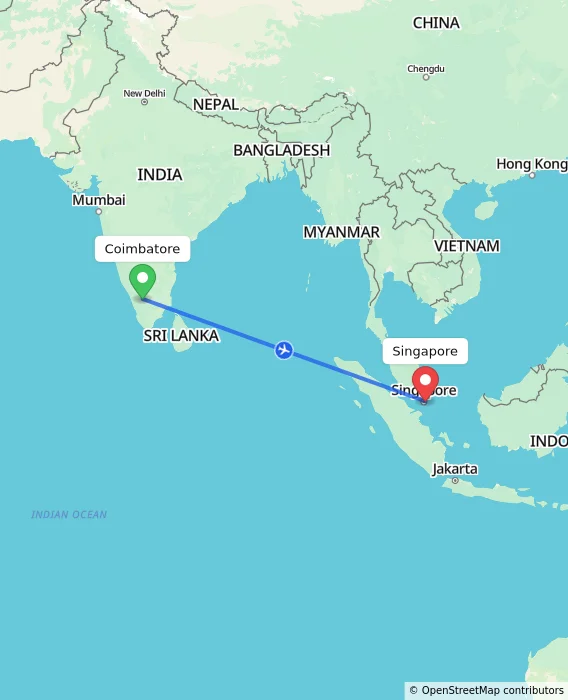 Route map showing distance and travel time from Coimbatore, India to Singapore, Singapore