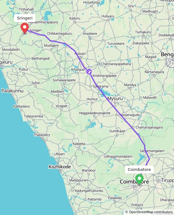 Route map showing distance and travel time from Coimbatore, India to Sringeri, India