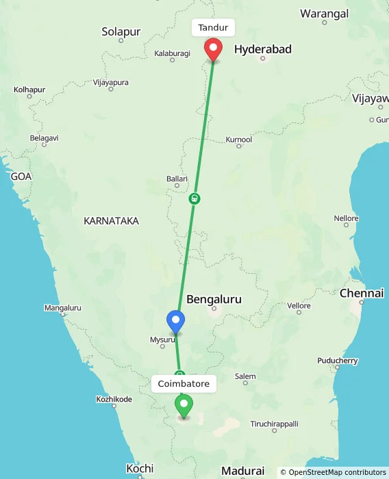 Route map showing distance and travel time from Coimbatore, India to Tandur, India