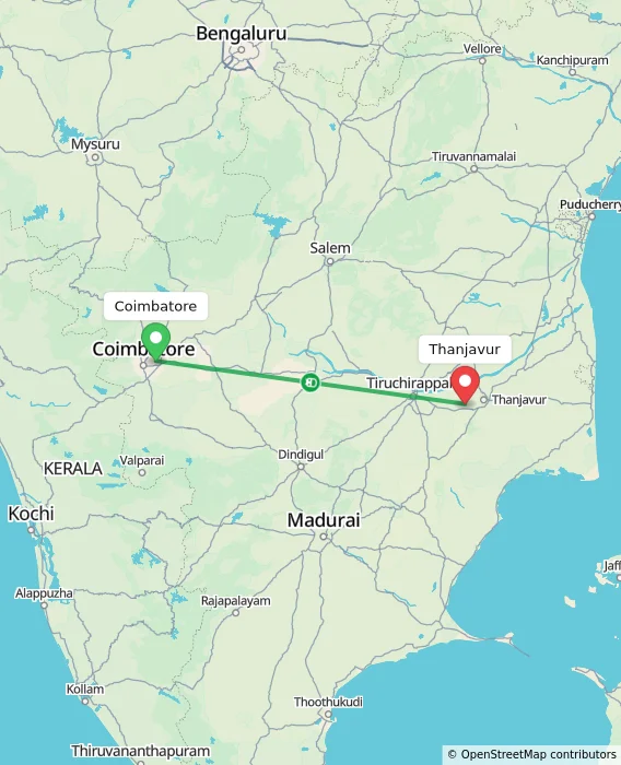 Route map showing distance and travel time from Coimbatore, India to Thanjavur, India