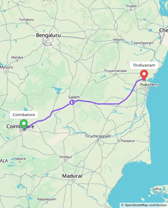 Route map showing distance and travel time from Coimbatore, India to Tindivanam, India