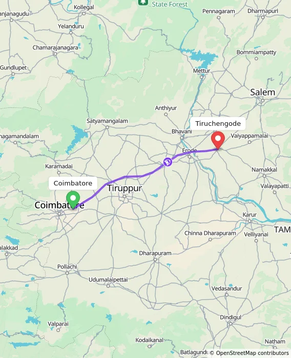 Route map showing distance and travel time from Coimbatore, India to Tiruchengode, India