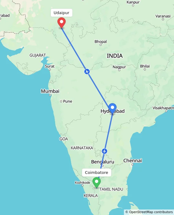 Route map showing distance and travel time from Coimbatore, India to Udaipur, India