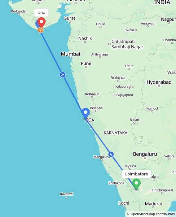 Route map showing distance and travel time from Coimbatore, India to Una, India