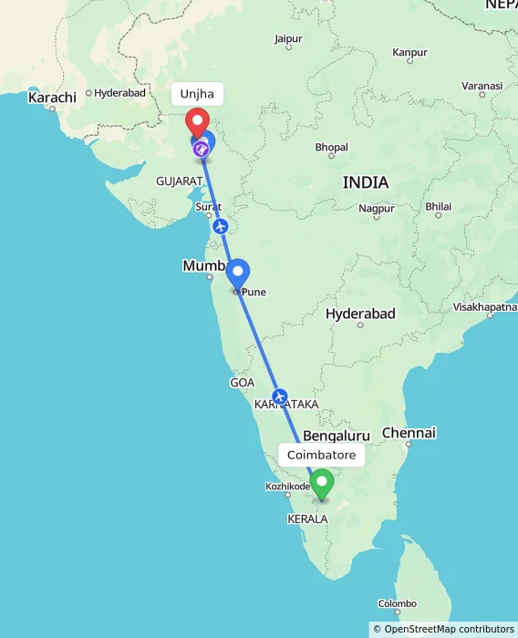 Route map showing distance and travel time from Coimbatore, India to Unjha, India