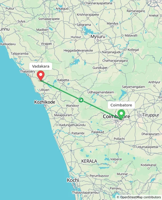 Route map showing distance and travel time from Coimbatore, India to Vadakara, India