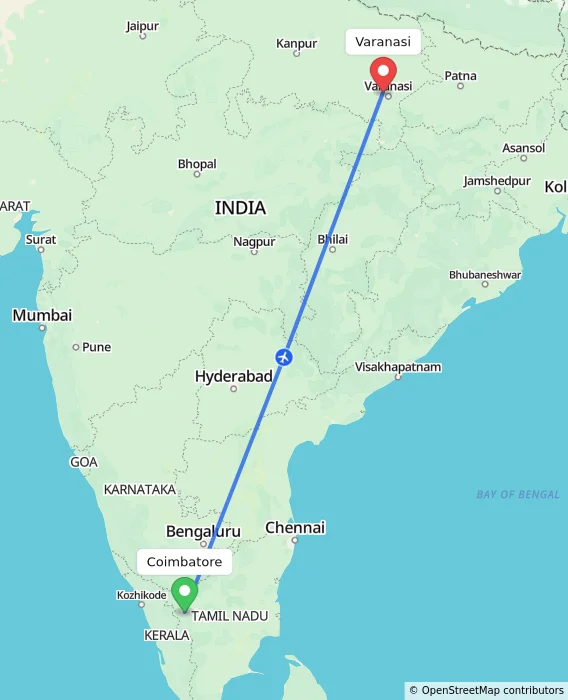 Route map showing distance and travel time from Coimbatore, India to Varanasi, India