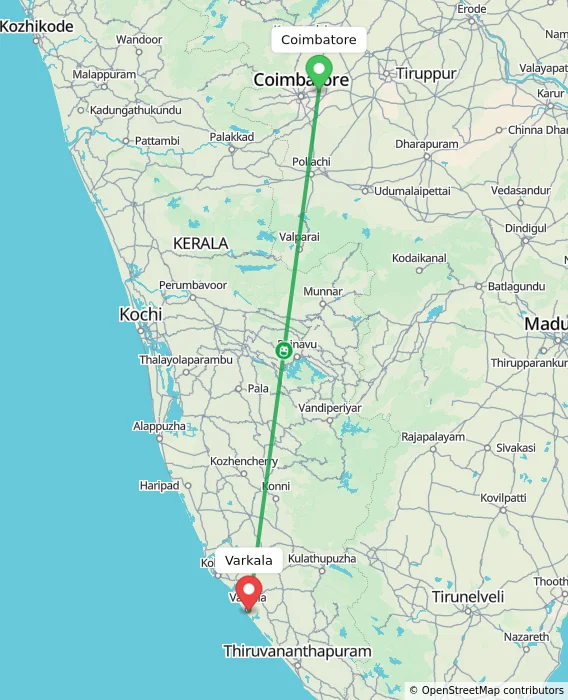 Route map showing distance and travel time from Coimbatore, India to Varkala, India