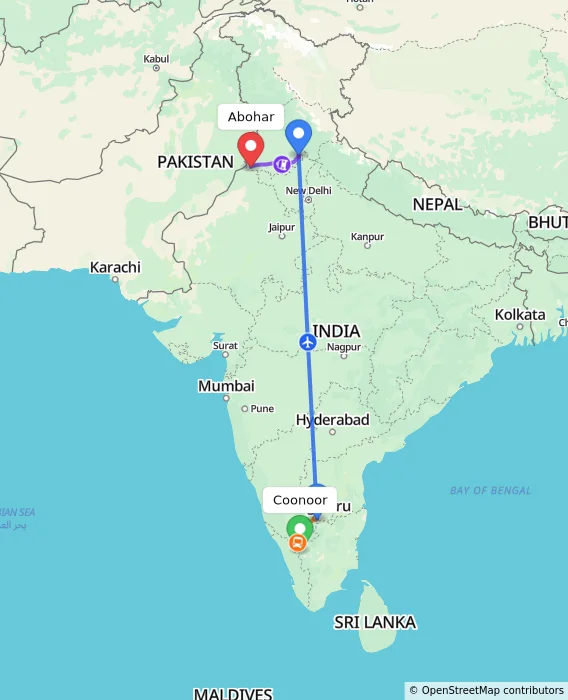 Route map showing distance and travel time from Coonoor, India to Abohar, India