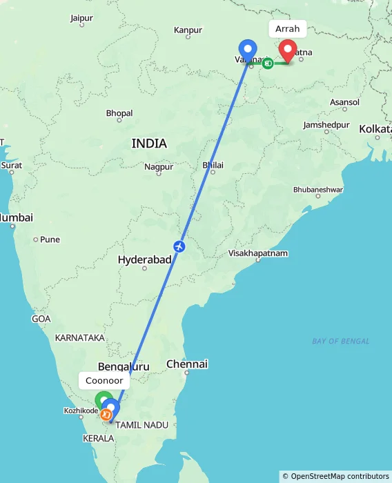 Route map showing distance and travel time from Coonoor, India to Arrah, India