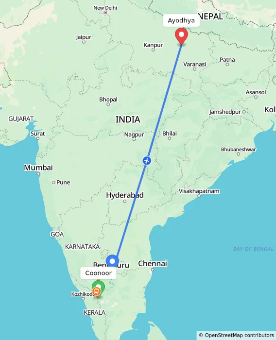 Route map showing distance and travel time from Coonoor, India to Ayodhya, India