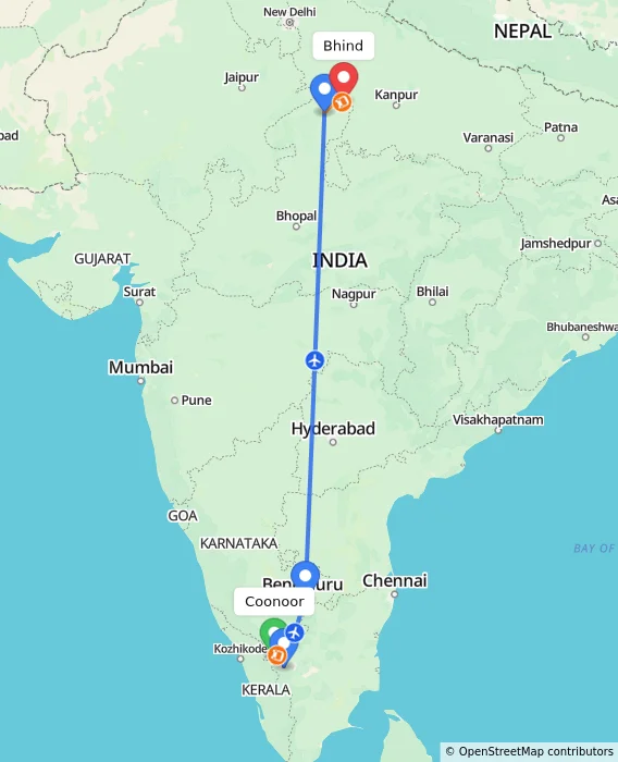 Route map showing distance and travel time from Coonoor, India to Bhind, India