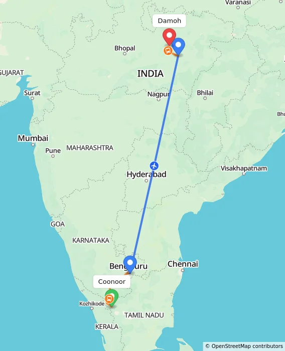 Route map showing distance and travel time from Coonoor, India to Damoh, India
