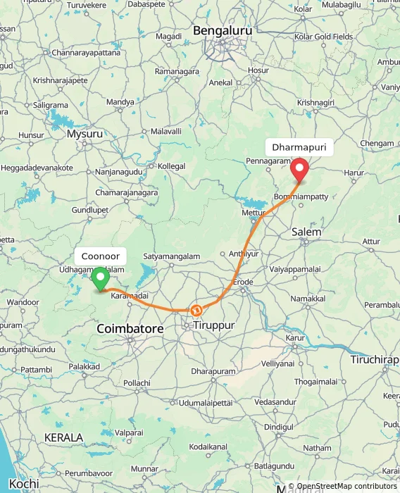 Route map showing distance and travel time from Coonoor, India to Dharmapuri, India