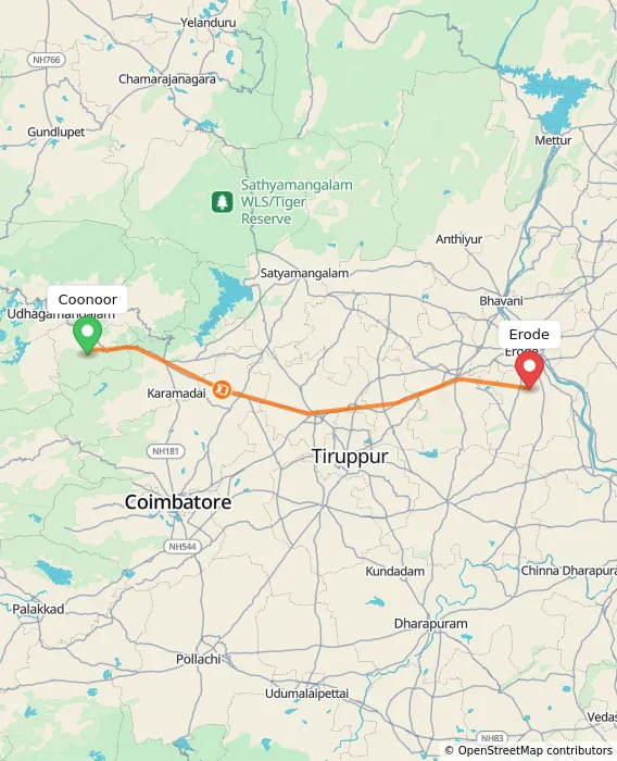 Route map showing distance and travel time from Coonoor, India to Erode, India
