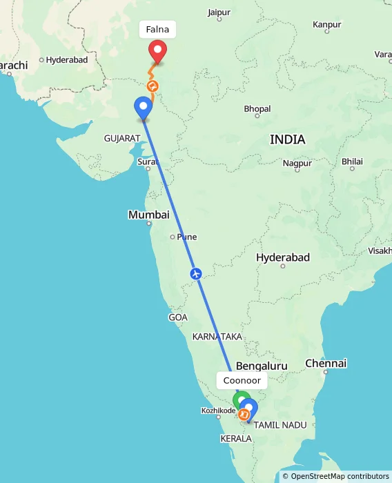 Route map showing distance and travel time from Coonoor, India to Falna, India