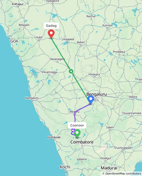 Route map showing distance and travel time from Coonoor, India to Gadag, India