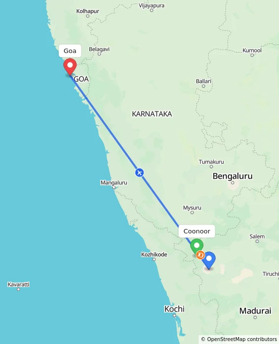 Route map showing distance and travel time from Coonoor, India to Goa, India
