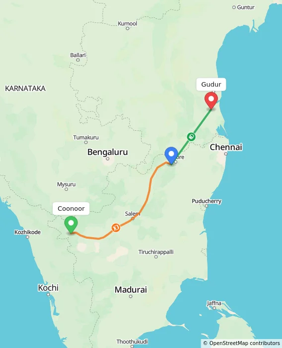 Route map showing distance and travel time from Coonoor, India to Gudur, India