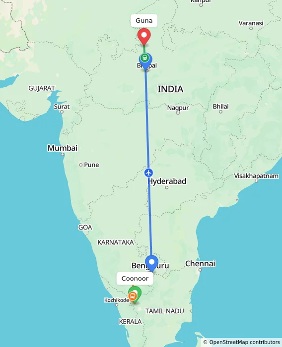 Route map showing distance and travel time from Coonoor, India to Guna, India