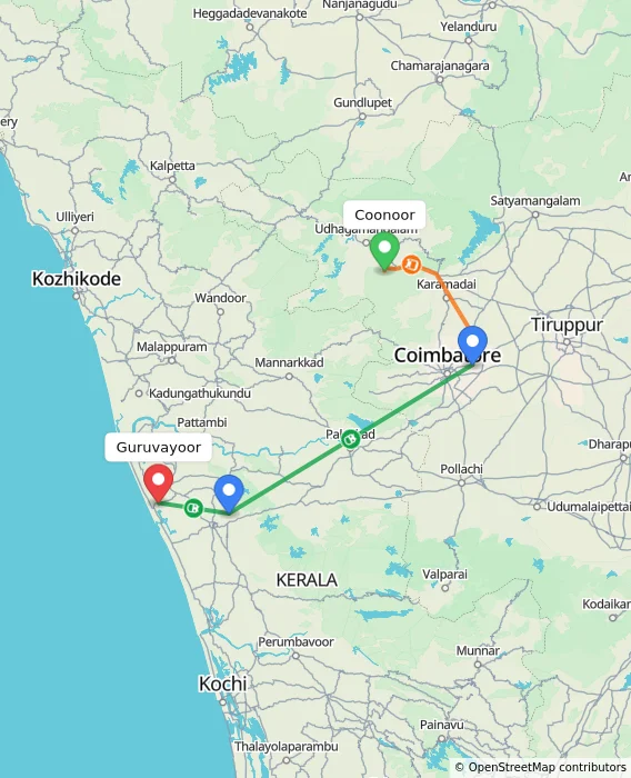 Route map showing distance and travel time from Coonoor, India to Guruvayoor, India