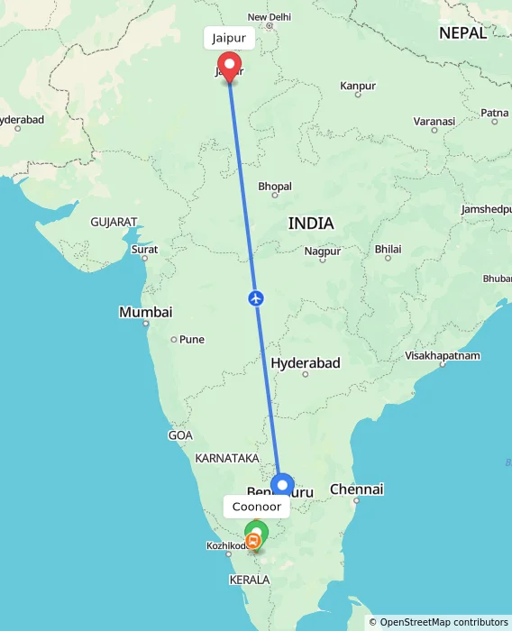 Route map showing distance and travel time from Coonoor, India to Jaipur, India