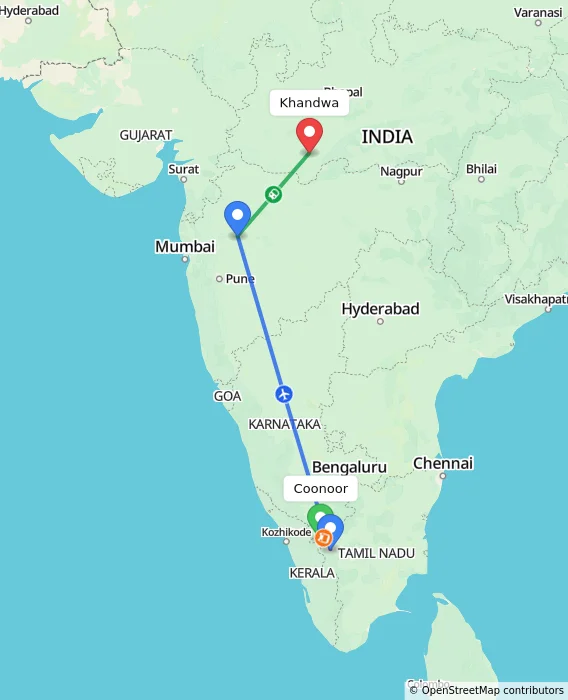 Route map showing distance and travel time from Coonoor, India to Khandwa, India