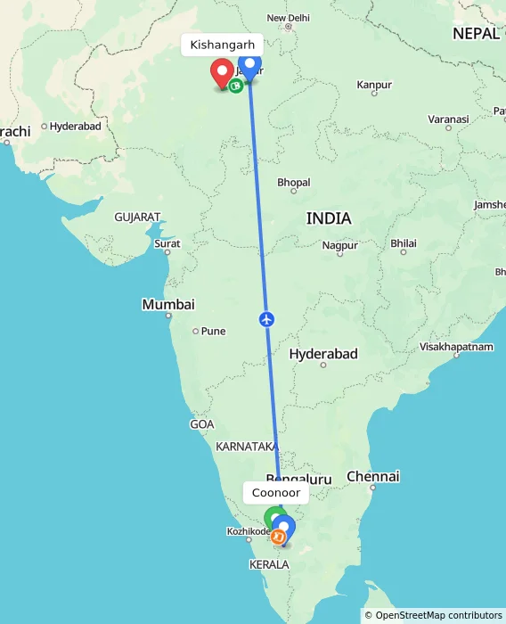 Route map showing distance and travel time from Coonoor, India to Kishangarh, India