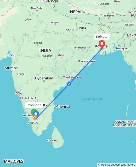 Route map showing distance and travel time from Coonoor, India to Kolkata, India
