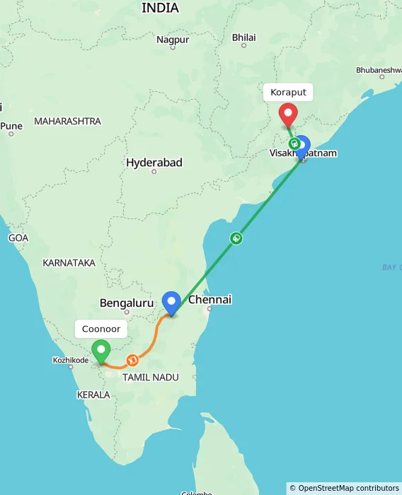 Route map showing distance and travel time from Coonoor, India to Koraput, India