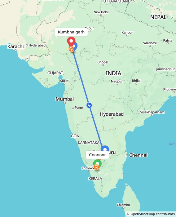 Route map showing distance and travel time from Coonoor, India to Kumbhalgarh, India