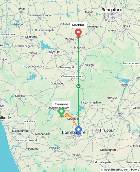 Route map showing distance and travel time from Coonoor, India to Maddur, India