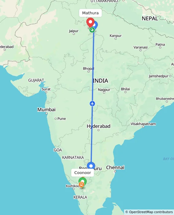Route map showing distance and travel time from Coonoor, India to Mathura, India