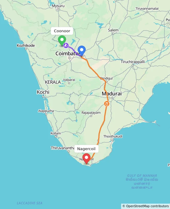 Route map showing distance and travel time from Coonoor, India to Nagercoil, India