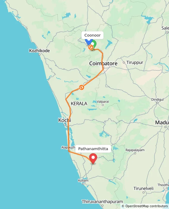 Route map showing distance and travel time from Coonoor, India to Pathanamthitta, India