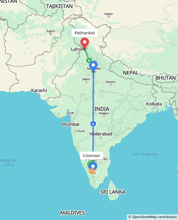 Route map showing distance and travel time from Coonoor, India to Pathankot, India